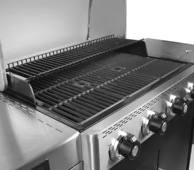 Master Forge Silver and BlackStainless Steel and Powder Coated 4-Burner Liquid Propane Gas Grill with 1 Side Burner cooking